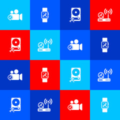 Set Video camera service, Smartwatch, Hard disk drive and Router wi-fi icon. Vector.