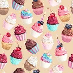 Seamless vector pattern with pastel pink cupcakes