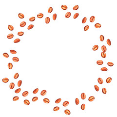Scattered roasted coffee beans blank round frame. Watercolor hand drawn template illustration for menu or packaging