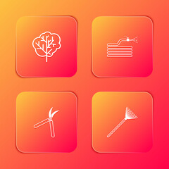Set Tree, Garden hose or fire hose, Gardening handmade scissor and rake for leaves icon. Vector.