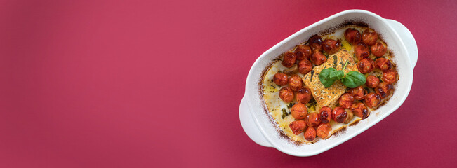 Oblong banner of the viral feta bake pasta dish