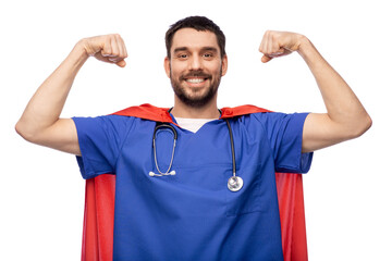 healthcare, power and medicine concept - happy smiling doctor or male nurse in blue uniform and red...