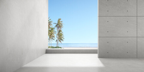 3d render of empty concrete room with large window on the sea background.