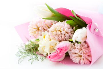 Beautiful bouquet of spring fragrant flowers tulips and hyacinths on a white background. Postcard