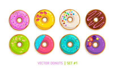 ПечатьColorful vector donuts isolated on white background. Cartoon sweets and Doughnuts icons into glaze for menu design, pastry cafe decoration. Chocolate donuts set #1