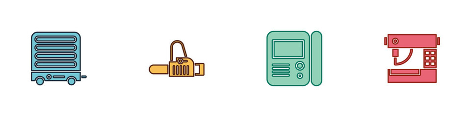 Set Electric heater, Chainsaw, House intercom system and Sewing machine icon. Vector.
