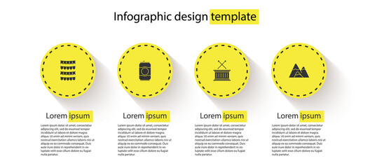 Set Carnival garland with flags, Beer can, Musical drum sticks and Mountains. Business infographic template. Vector.