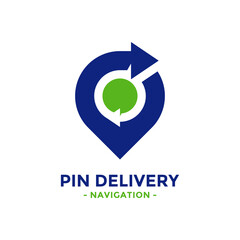 Pin delivery logo design template. Location arrows logotype. Circular point symbol.