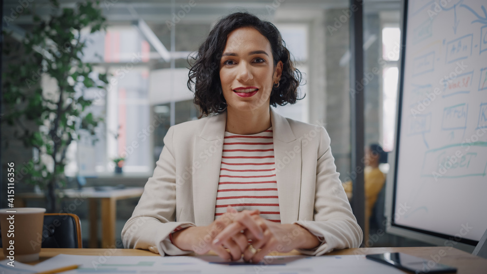 Poster Point of View from Camera Portrait of Beautiful Multiethnic Latina Project Manager Having Video Call in Creative Office Environment. Happy Female Specialist Listening to a Colleague Over Live Camera.