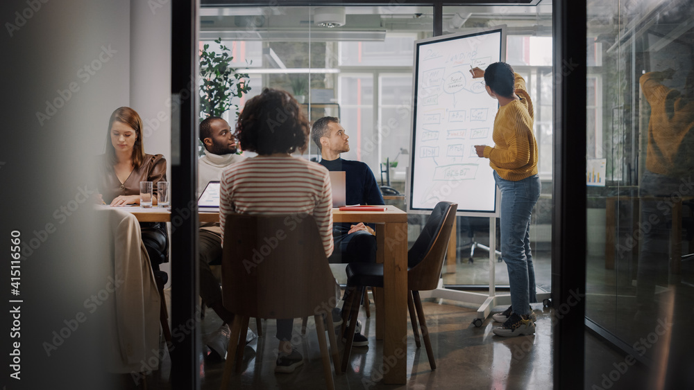 Poster Project Manager Makes a Presentation for a Young Diverse Creative Team in Meeting Room in an Agency. Colleagues Sit Behind Conference Table and Discuss Business Development, User Interface and Design.