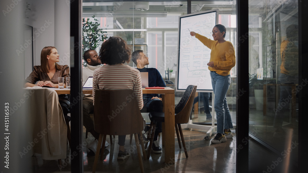 Poster Project Manager Makes a Presentation for a Young Diverse Creative Team in Meeting Room in an Agency. Colleagues Sit Behind Conference Table and Discuss Business Development, User Interface and Design.