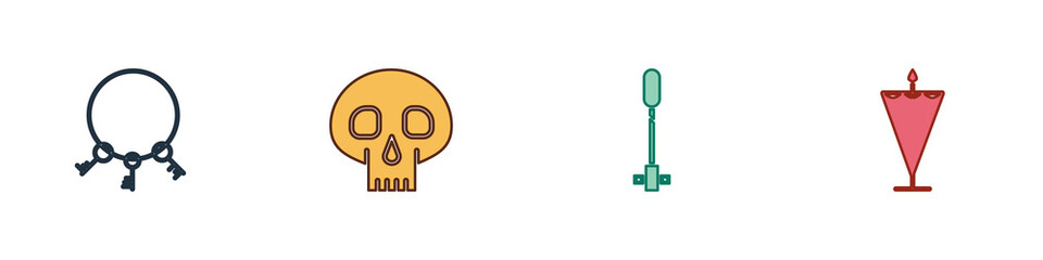 Obraz premium Set Old keys, Skull, Torch flame and Medieval flag icon. Vector.