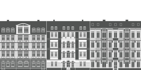 Eine Reihe von Altbau Häusern in der Frontalansicht als detaillierte Vektorgrafik Illustration