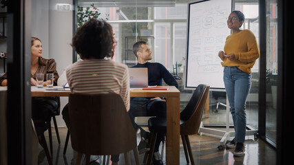 Project Manager Makes a Presentation for a Young Diverse Creative Team in Meeting Room in an Agency. Colleagues Sit Behind Conference Table and Discuss Business Development, User Interface and Design.