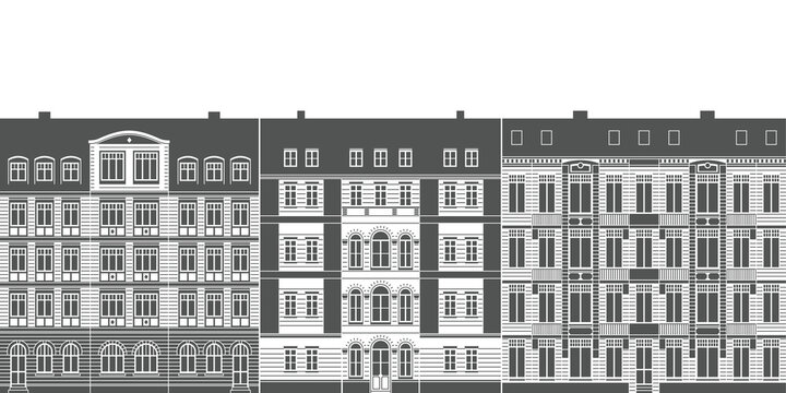 Eine Reihe von Altbau H&auml;usern in der Frontalansicht als detaillierte Vektorgrafik Illustration