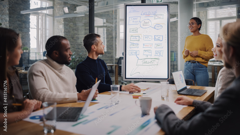 Poster Project Manager Makes a Presentation for a Young Diverse Creative Team in Meeting Room in an Agency. Colleagues Sit Behind Conference Table and Discuss Business Development, User Interface and Design.
