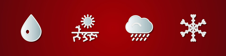 Set Water drop, Drought, Cloud with rain and Snowflake icon. Vector.