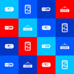 Set Price tag with text Free, Online shopping on phone, Wallet and Hanging sign Closed icon. Vector.