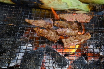 カルビ　焼肉の炭火焼き　バーベキュー