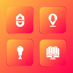 Set Rafting boat, Location of the forest, Chicken leg and monitor icon. Vector.