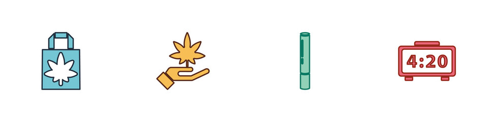 Set Shopping paper bag of marijuana, Marijuana or cannabis leaf, joint and Digital alarm clock icon. Vector.