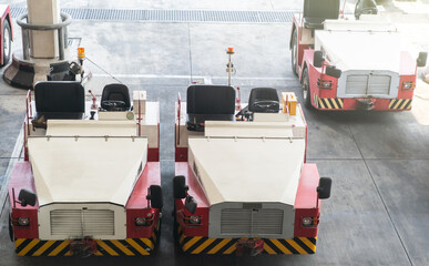 Freight trolleys parking standby in airport. service vehicle.