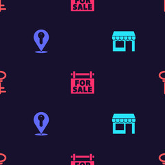 Set Market store, Location key, Hanging sign with For Sale and House on seamless pattern. Vector.