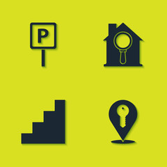 Set Parking, Location key, Staircase and Search house icon. Vector.