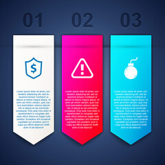 Set Shield with dollar, Exclamation mark in triangle and Bomb ready to explode. Business infographic template. Vector.