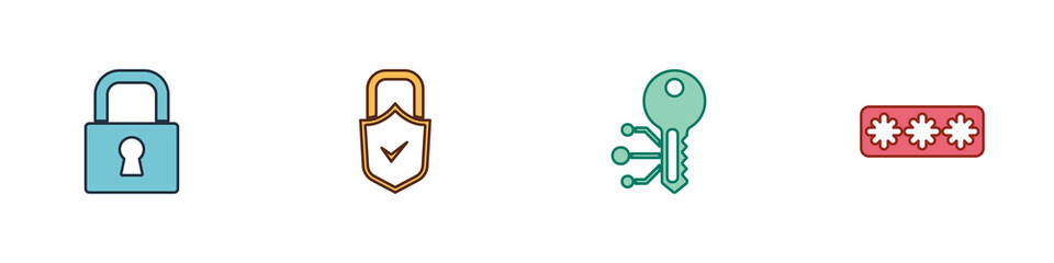 Set Lock, and check mark, Cryptocurrency key and Password protection icon. Vector.