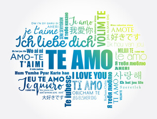 Te amo (I Love You in Spanish) word cloud in different languages of the world