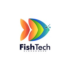 Vector Logo Illustration Fish Tech Gradient Colorful Style.