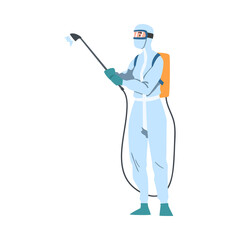 Disinfectant Worker in Antiviral Suit and Mask Spraying Disinfectant, Preventive Measures against Spread of Coronavirus Disease Cartoon Style Vector Illustration