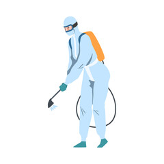 Disinfectant Worker in Protective Suit and Mask Spraying to Clean and Disinfect Virus, Preventive Measures against Spread of Coronavirus InfectionCartoon Vector Illustration