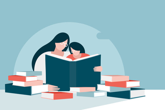 Mother helps her daughter to learn from bunch of big books