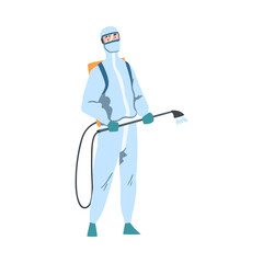 Disinfectant Worker in White Antiviral Suit and Mask Disinfecting Public Places Cartoon Style Vector Illustration
