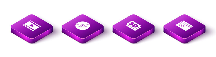Set Isometric Play Video, CD or DVD disk, 3D word and Movie clapper icon. Vector.