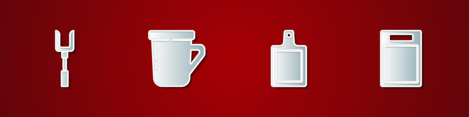 Set Barbecue fork, Coffee cup, Cutting board and icon. Vector.