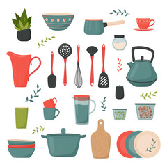 Set of kitchen accessory. Vector kitchen tools in retro style. Household utensil and cutlery, crockery. Cooking equipment and food preparation theme