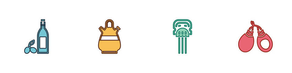 Set Bottle of olive oil, Sangria pitcher, Peineta and Castanets icon. Vector.