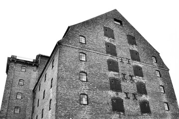 Typical Danish brick buildings on the embankment of Copenhagen, Denmark. Black and white photo