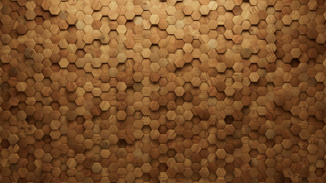 Wood Block Wall background. Mosaic Wallpaper with Light and Dark Timber Hexagon tile pattern. 3D Render 
