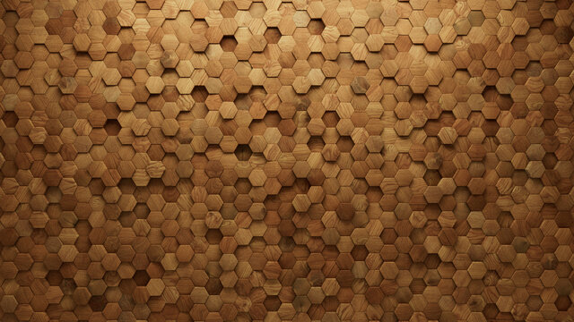 Wood Block Wall background. Mosaic Wallpaper with Light and Dark Timber Hexagon tile pattern. 3D Render 