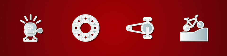 Set Bicycle bell, ball bearing, chain with gear and Mountain bicycle icon. Vector.