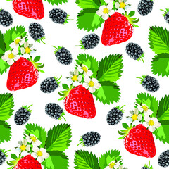 Strawberries and blackberries with leaves and flowers vector seamless pattern