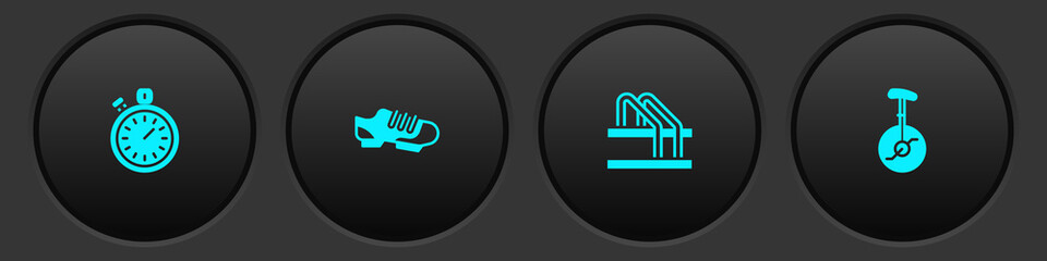 Set Stopwatch, Bicycle shoes, parking and Unicycle or one wheel bicycle icon. Vector.
