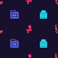 Set Car air filter, Canister for motor oil, Paint spray gun and seat on seamless pattern. Vector.