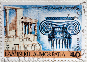 GREECE - CIRCA 1987: A postage stamp printed in Greece shows the head of an Ionic column as well as ancient parts of the Acropolis