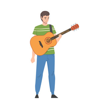 Teenage Boy Wearing Casual Clothes Playing Acoustic Guitar, Musician Guitarist Character Performing at Concert Cartoon Style Vector Illustration