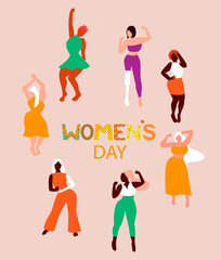 Happy girls dancing. International womens day. 8 march. Feminism. Different skin color and body size women characters. Flat vector illustration for postcard, banner, poster.